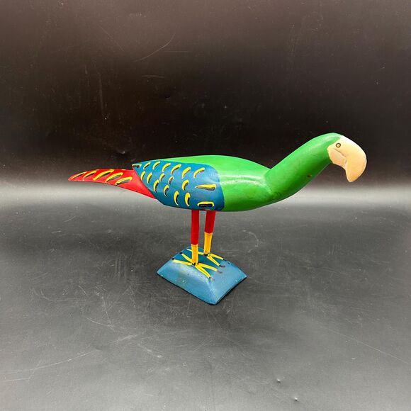 Hand Carved Wooden Parrot Sculpture, Folk Art Tropical Bird Figurine - Picture 2 of 5